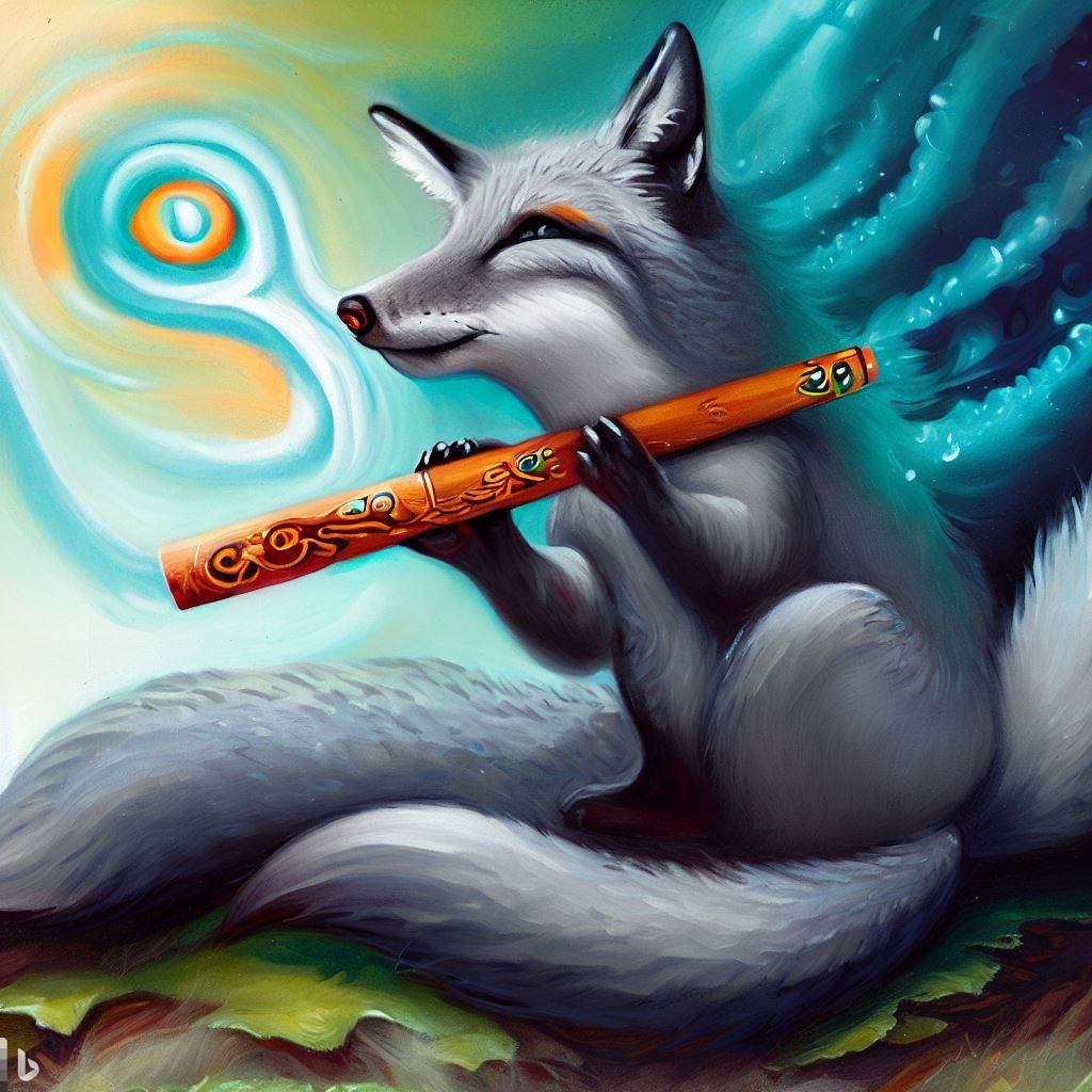 Gray Fox with flute